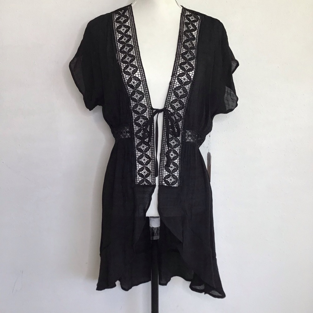 Blashe Women Elegant Black Lace Ti Front Kimono Cardigan Swimwear Cover Up SZ M